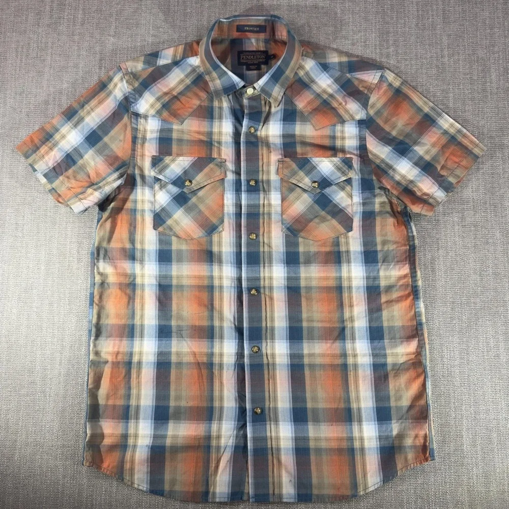Pendleton Shirt Mens Medium Blue Plaid Western Short Sleeve Button Up Frontier
